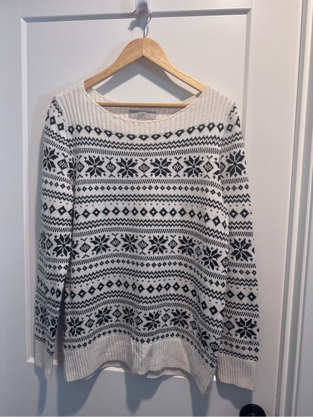 LOFT White and Black Fair Isle Crewneck Sweater